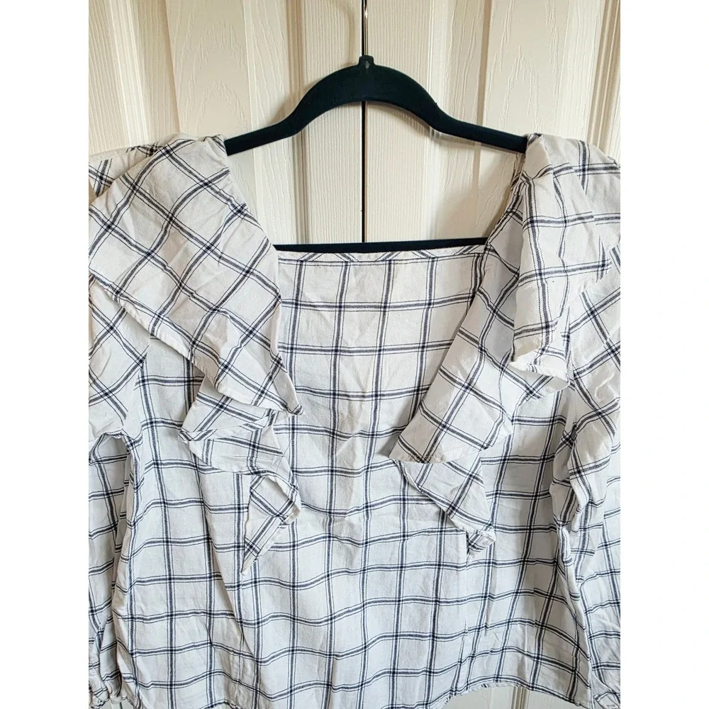 J. Crew M Re-Imagined Plaid Flannel Ruffle Square Neck Top White Medium NWT